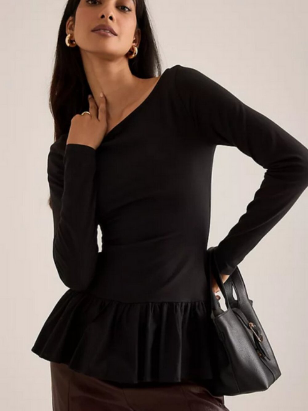 Maeve Long-Sleeve Peplum Top Anthropologie Black Pullover S